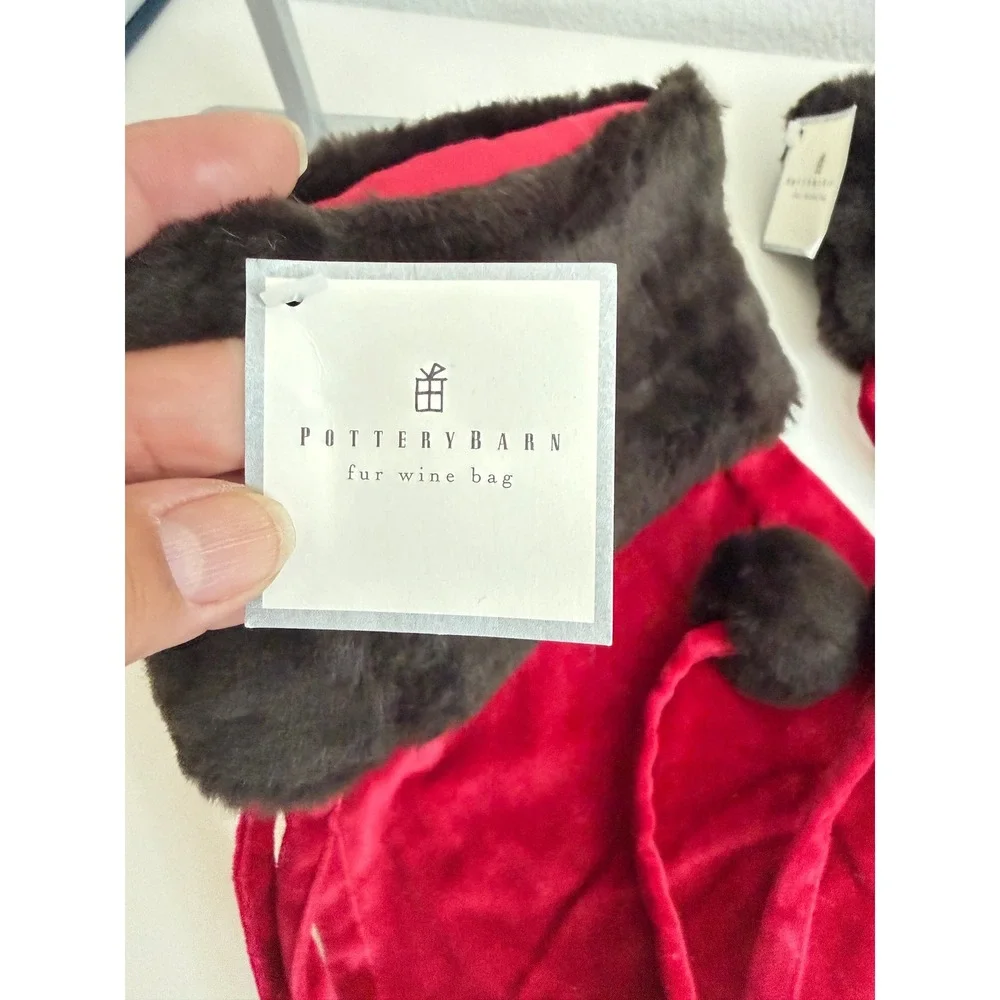 Pottery Barn Red Velvet Faux Fur Wine Gift Bags Set of 2 Holiday Pom Poms NWT